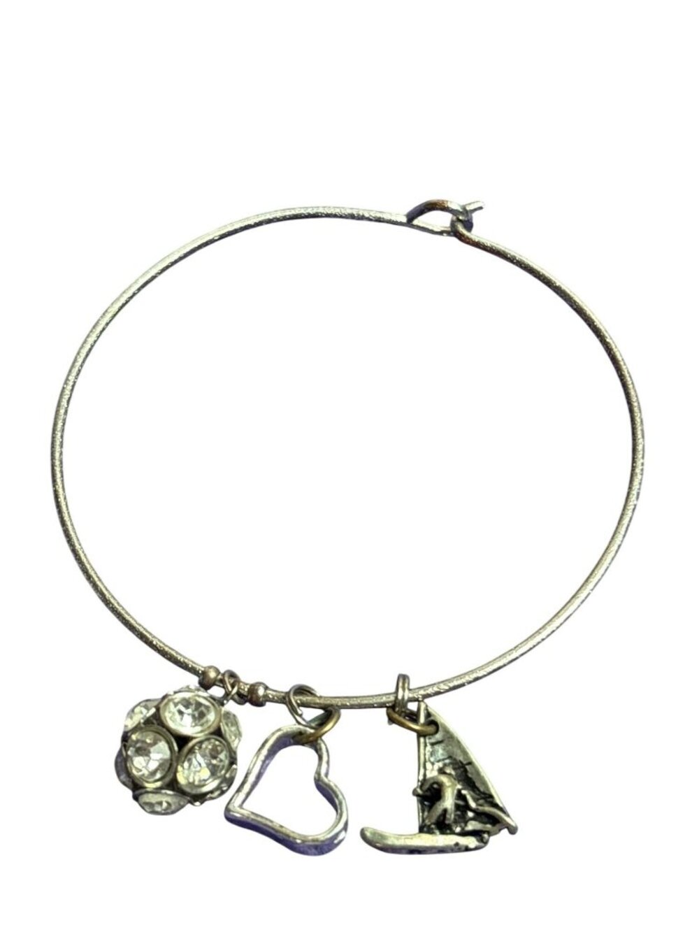 Silvertone Charm Bracelet Clear Rhinestone Cluster Bead Heart Windsurfing